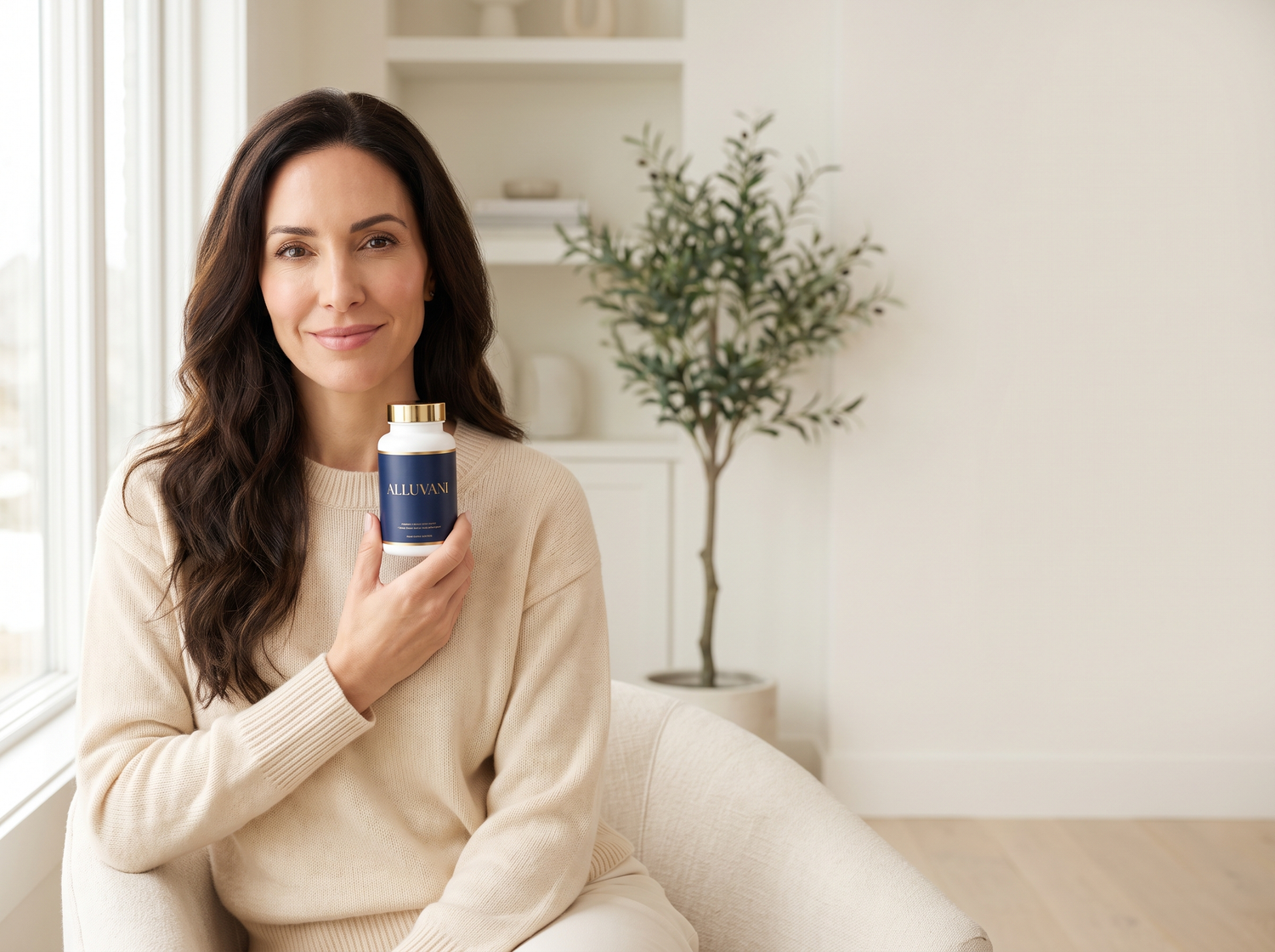 Woman holding Alluvani GLP-1 Hair Support bottle