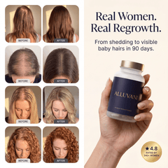Before and after: real women's hair regrowth results with Alluvani, 4.8 stars from 340+ women