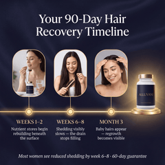 90-day hair recovery timeline: reduced shedding by weeks 6-8, visible regrowth by month 3